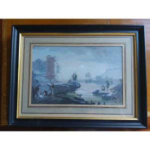 Italian Gouache Port Scene Circa 1800
